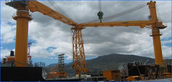 A goliath gantry crane standing against an overcast sky at a client site