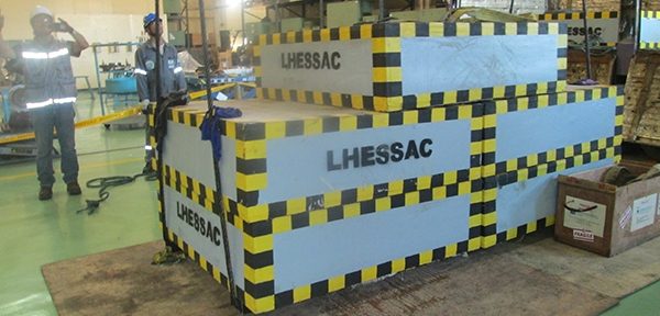 An LHESSA load test rig painted in yellow and black hazard stripes